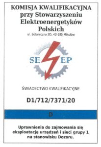 Grupa 1D | Świadectwo Kwalifikacji | urządzenia elektryczne do 1kV